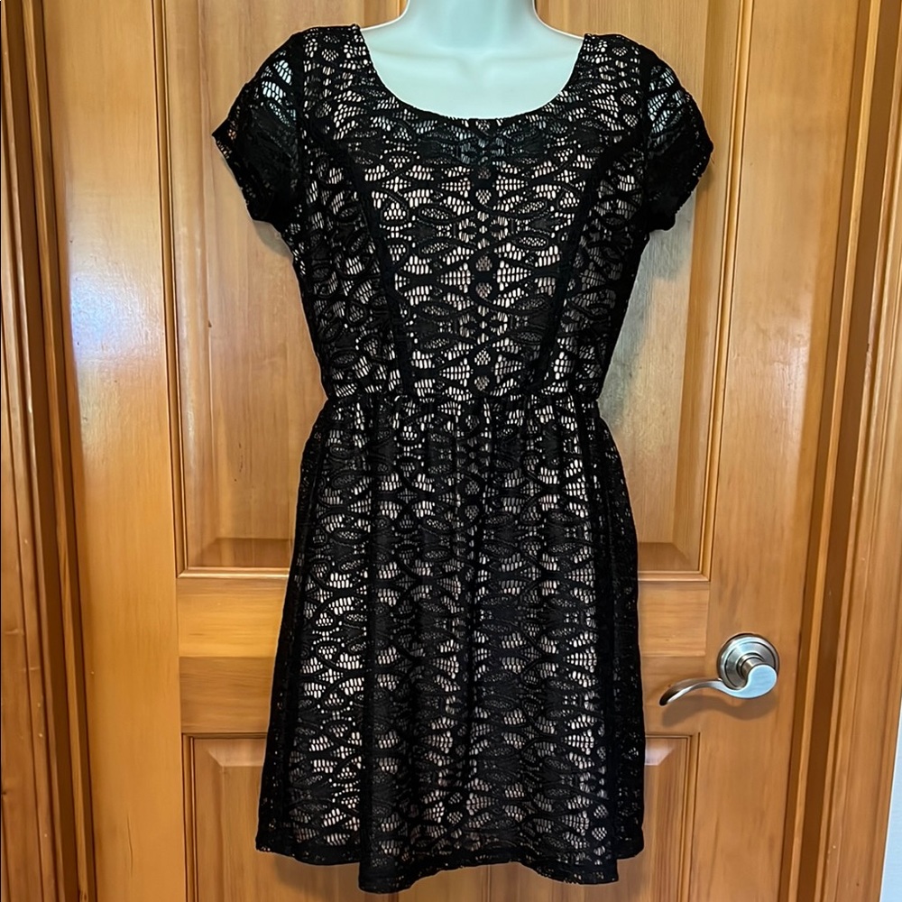 Black Lace just above Knee-Length Dress, scooped back with zipper closure